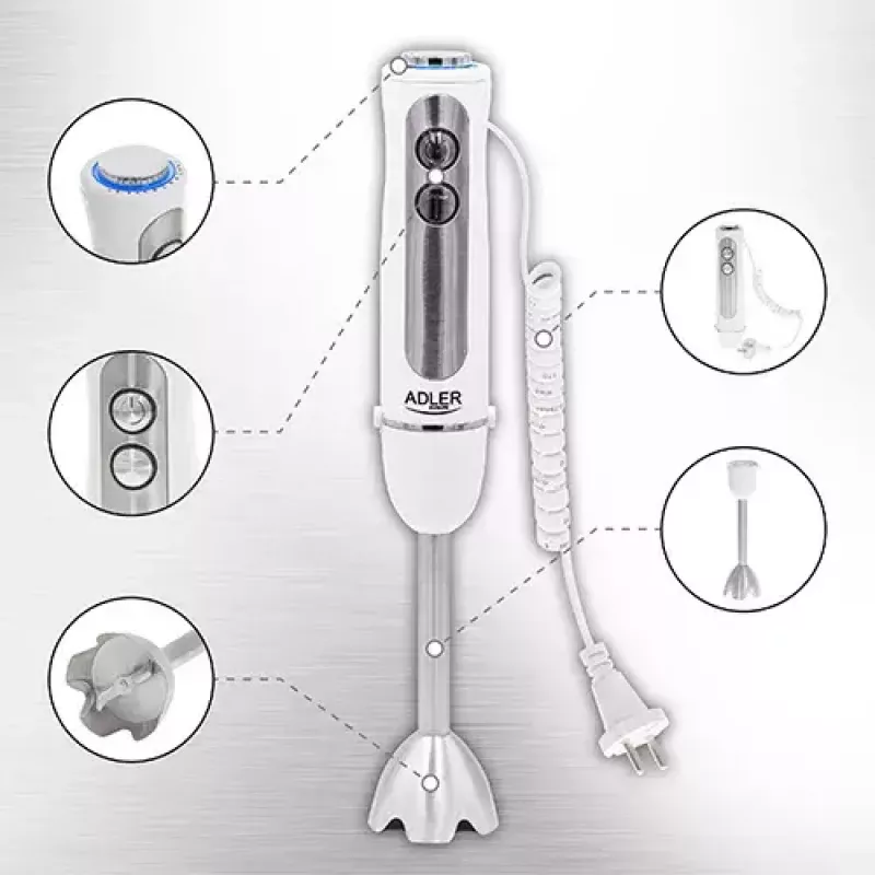 Blender ręczny Adler AD 4625w — blender ręczny, 5 prędkości, turbo, 1500 W, ostrze ze stali nierdzewnej, srebrny/biały