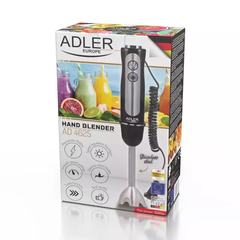 Blender ręczny Adler AD 4625B — blender ręczny, 1500 W maks., 850 W nominalnie, 5 prędkości, sterowanie mechaniczne, turbo, ostrze ze stali nierdzewnej, czarny