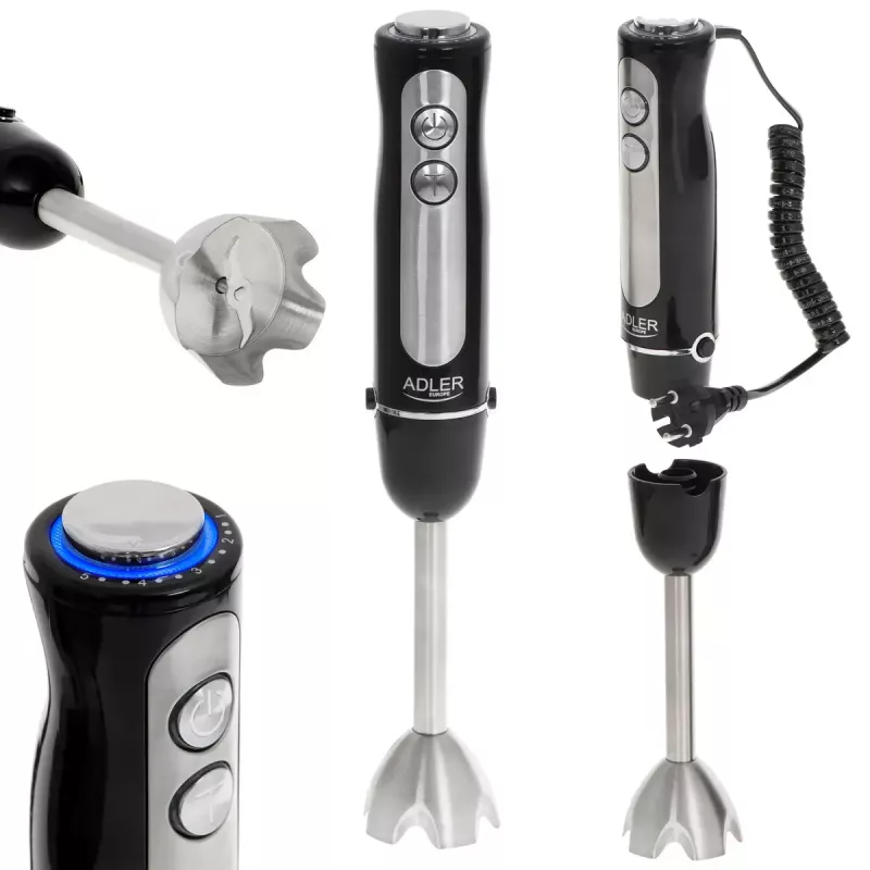 Blender ręczny Adler AD 4625B — blender ręczny, 1500 W maks., 850 W nominalnie, 5 prędkości, sterowanie mechaniczne, turbo, ostrze ze stali nierdzewnej, czarny