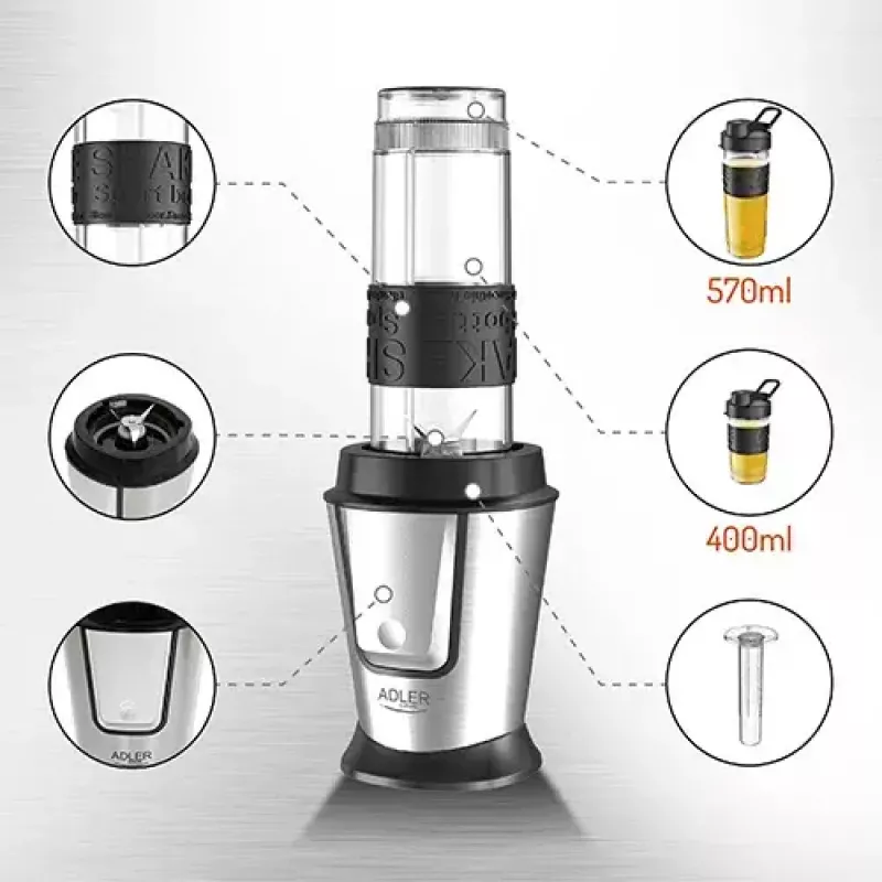 Blender sportowy Adler AD 4081 — przenośny blender osobisty, 800 W mocy maks., kubek 0,57 l, ostrze ze stali nierdzewnej, 2 butelki