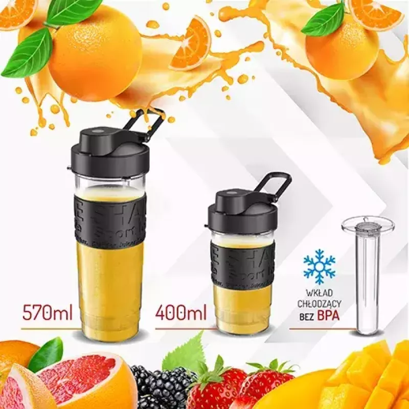 Blender sportowy Adler AD 4081 — przenośny blender osobisty, 800 W mocy maks., kubek 0,57 l, ostrze ze stali nierdzewnej, 2 butelki