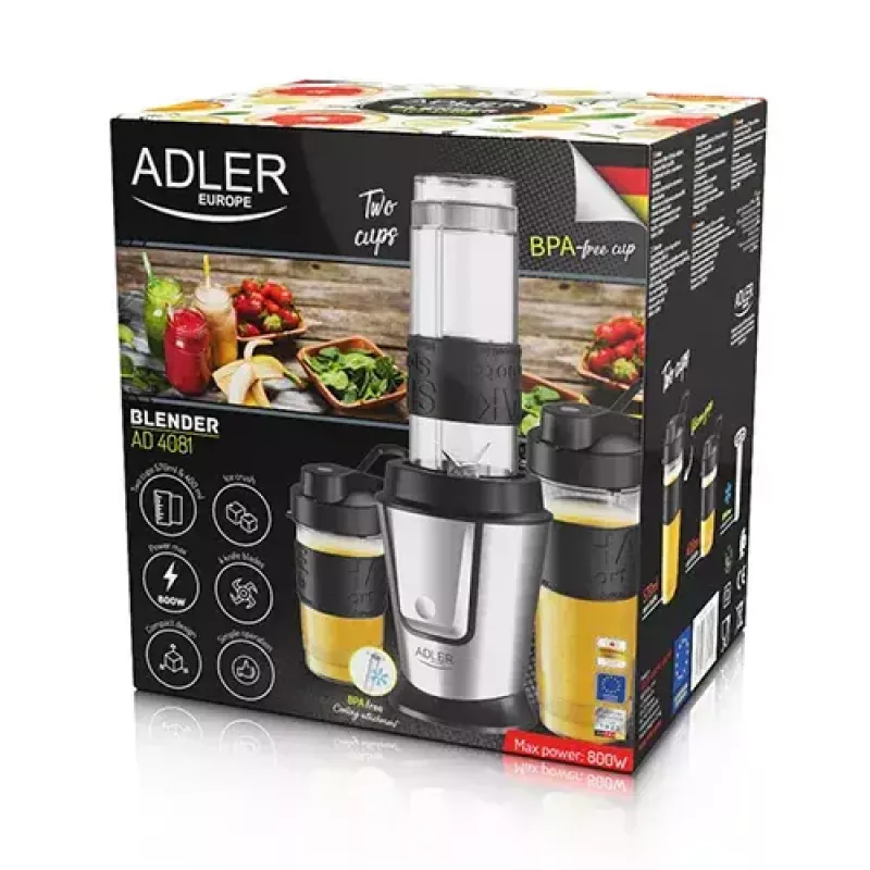 Blender sportowy Adler AD 4081 — przenośny blender osobisty, 800 W mocy maks., kubek 0,57 l, ostrze ze stali nierdzewnej, 2 butelki
