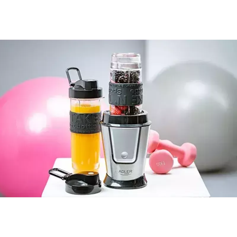 Blender sportowy Adler AD 4081 — przenośny blender osobisty, 800 W mocy maks., kubek 0,57 l, ostrze ze stali nierdzewnej, 2 butelki