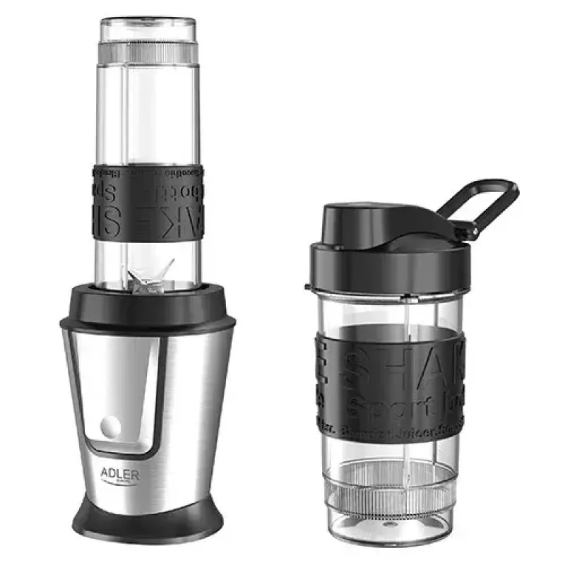 Blender sportowy Adler AD 4081 — przenośny blender osobisty, 800 W mocy maks., kubek 0,57 l, ostrze ze stali nierdzewnej, 2 butelki