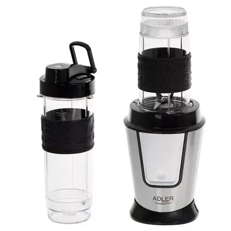 Blender sportowy Adler AD 4081 — przenośny blender osobisty, 800 W mocy maks., kubek 0,57 l, ostrze ze stali nierdzewnej, 2 butelki