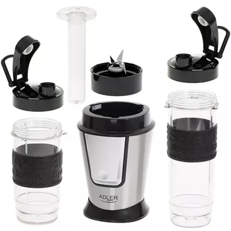 Blender sportowy Adler AD 4081 — przenośny blender osobisty, 800 W mocy maks., kubek 0,57 l, ostrze ze stali nierdzewnej, 2 butelki