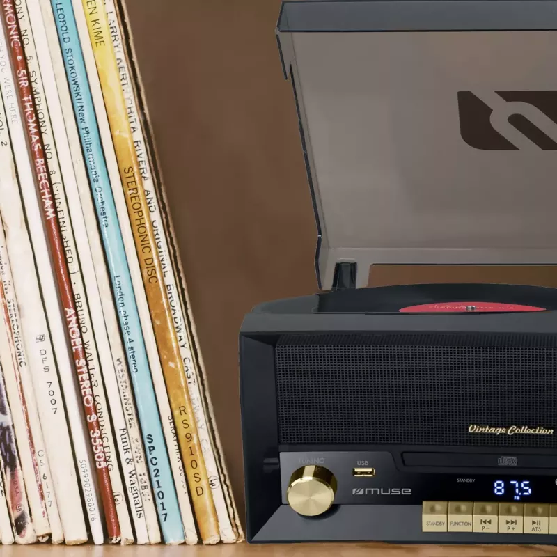 Gramofon audio z napędem bezpośrednim Muse MT-112 W — półautomatyczny, 20 W RMS, wyjście 3,5 mm, LCD, AC 100–240 V