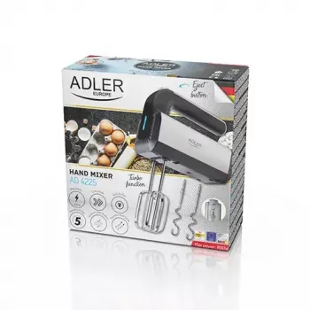 Mikser ręczny Adler AD 4225 — 5 prędkości, turbo, 300 W, inox/srebrno‑czarny, trzepaczki i haki do ciasta