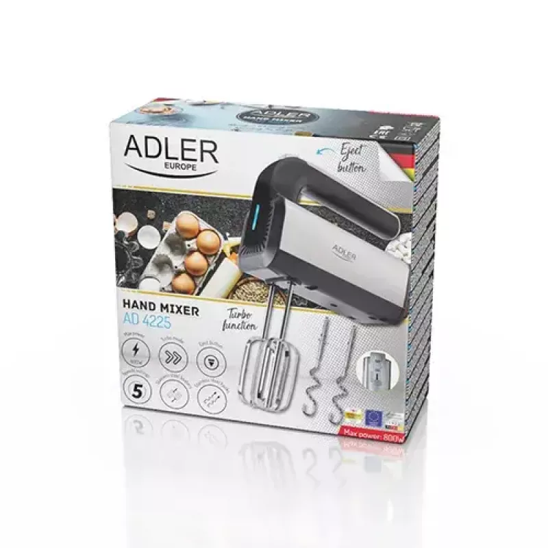 Mikser ręczny Adler AD 4225 — 5 prędkości, turbo, 300 W, inox/srebrno‑czarny, trzepaczki i haki do ciasta