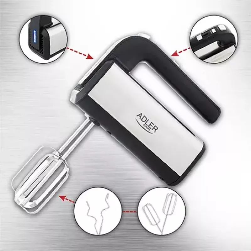 Mikser ręczny Adler AD 4225 — 5 prędkości, turbo, 300 W, inox/srebrno‑czarny, trzepaczki i haki do ciasta