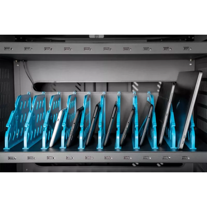 Wózek ładujący DIGITUS, 30 stacji ładujących, 15,6 cala, czarny, 1100 x 700 x 650 mm, zawiera USB, PDU, wentylator