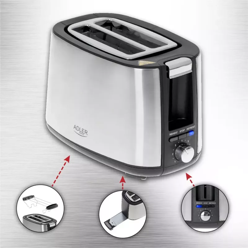 Adler AD 3214 toster, 2 otwory, stal nierdzewna, 750 W