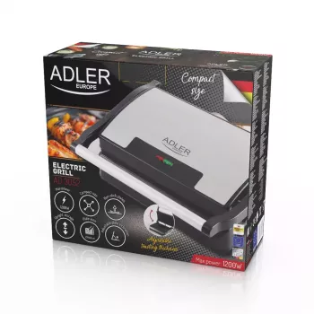 Grill kontaktowy Adler AD 3052 prostokątny stal/czarny, 1200 W, ruszt, blokowana pokrywa