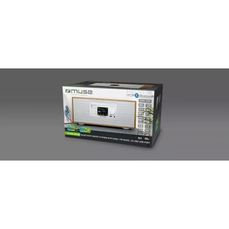 Radio osobiste Muse M-695 DBTW — cyfrowy tuner DAB/DAB+/FM, 2,8 cala TFT, 60 W RMS, AC/DC, drewno/biały
