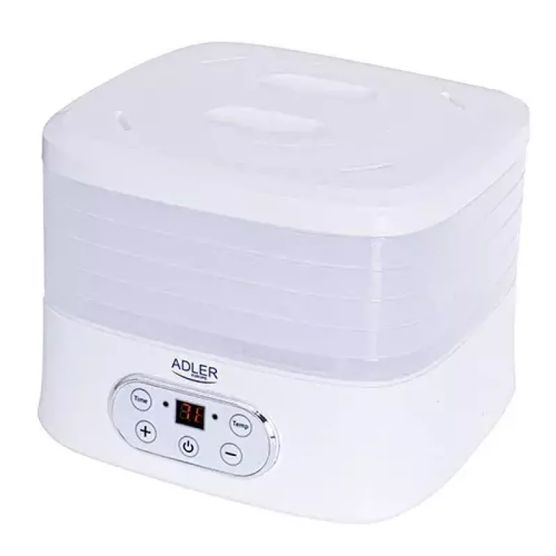 Suszarka do żywności Adler AD 6658, 5 półek, timer LCD 70h, 35–70°C, 230W (maks. 550W), biała