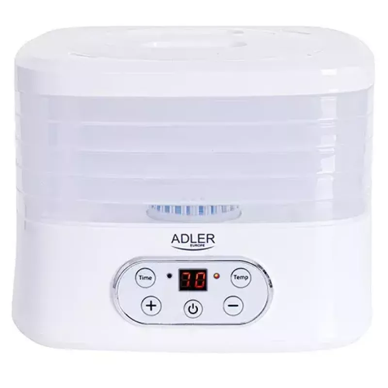 Suszarka do żywności Adler AD 6658, 5 półek, timer LCD 70h, 35–70°C, 230W (maks. 550W), biała