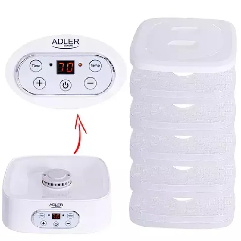 Suszarka do żywności Adler AD 6658, 5 półek, timer LCD 70h, 35–70°C, 230W (maks. 550W), biała
