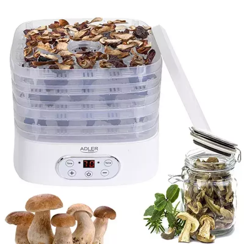Suszarka do żywności Adler AD 6658, 5 półek, timer LCD 70h, 35–70°C, 230W (maks. 550W), biała