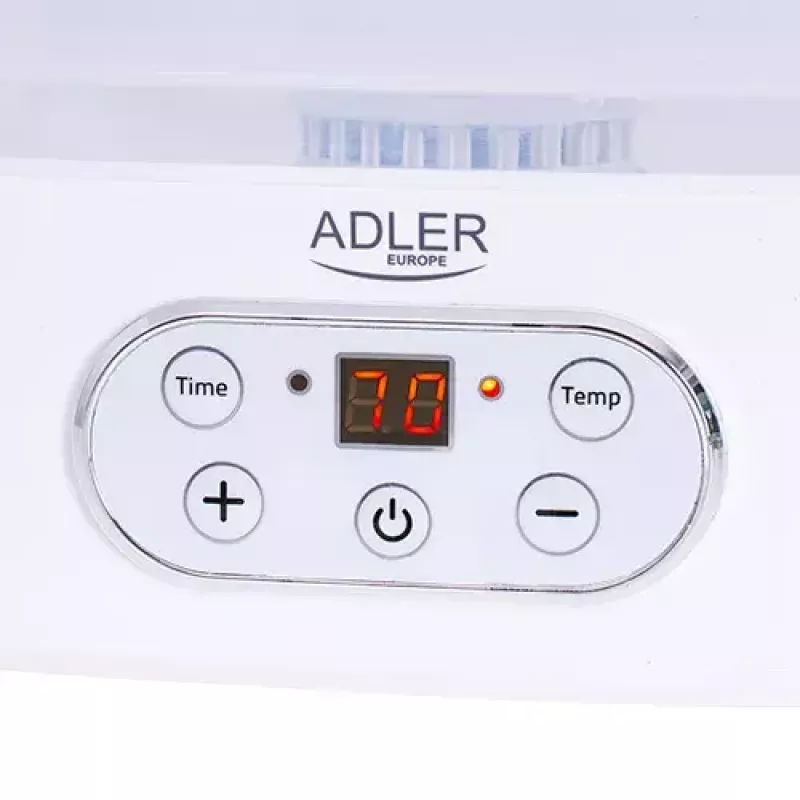 Suszarka do żywności Adler AD 6658, 5 półek, timer LCD 70h, 35–70°C, 230W (maks. 550W), biała