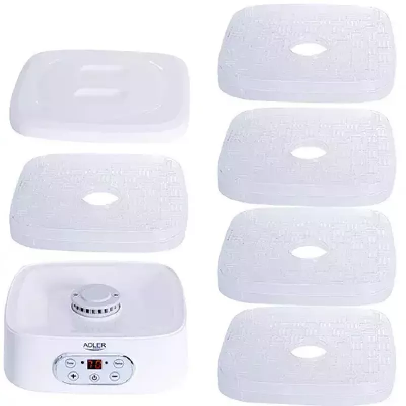 Suszarka do żywności Adler AD 6658, 5 półek, timer LCD 70h, 35–70°C, 230W (maks. 550W), biała