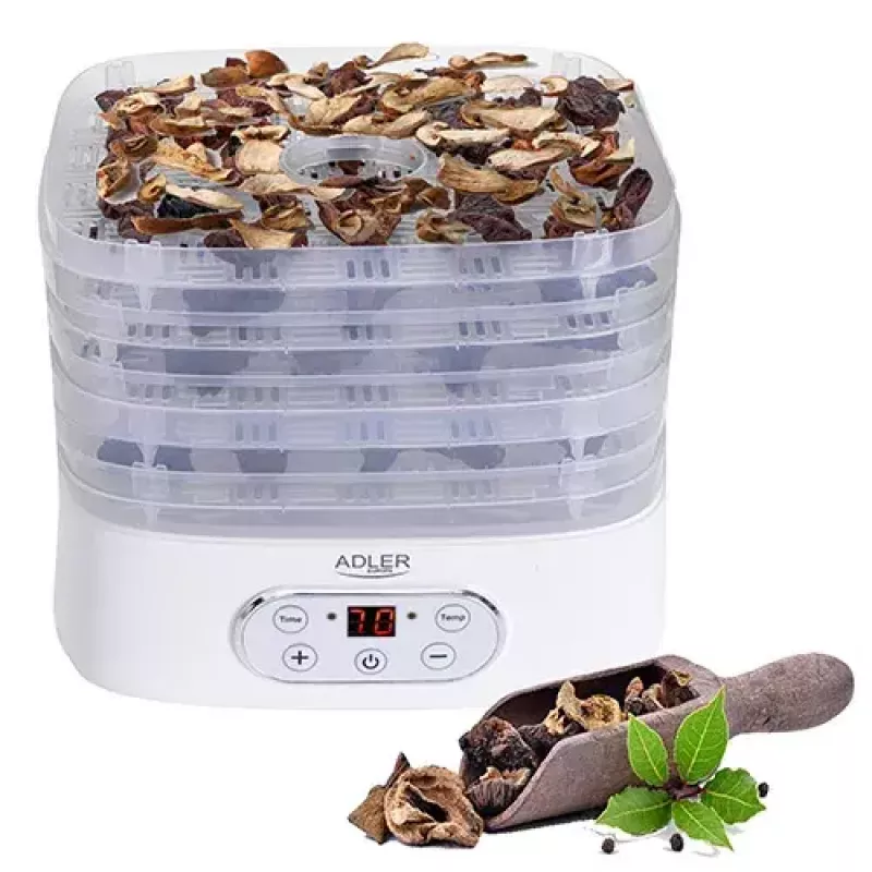 Suszarka do żywności Adler AD 6658, 5 półek, timer LCD 70h, 35–70°C, 230W (maks. 550W), biała