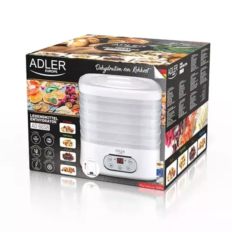 Suszarka do żywności Adler AD 6658, 5 półek, timer LCD 70h, 35–70°C, 230W (maks. 550W), biała