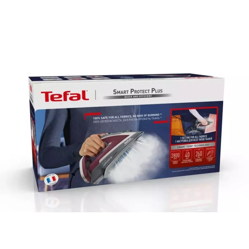 Żelazko suche i parowe Tefal Smart Protect Plus FV6870 — 2800 W, stopnica Durilium Airglide, zbiornik 0,27 l, przewód 2 m, waga 1,437 kg