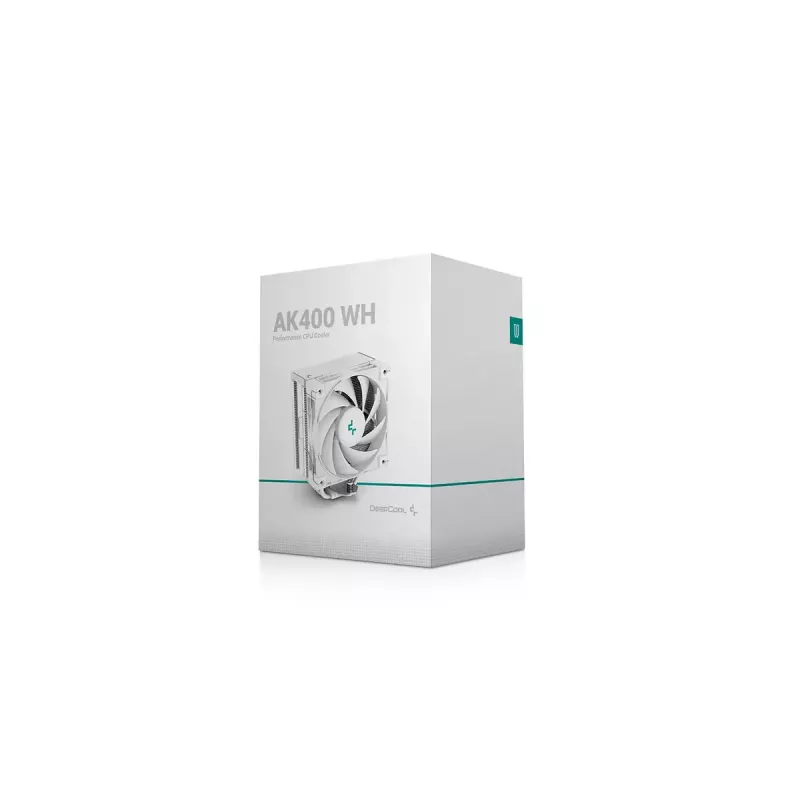 Chłodzenie powietrzne DeepCool AK400 WH — 4×6 mm miedziane rurki cieplne, wentylator FDB 120 mm, 1850 obr./min, 66,47 CFM, pasuje do LGA 1700 i popularnych gniazd Intel/AMD, białe