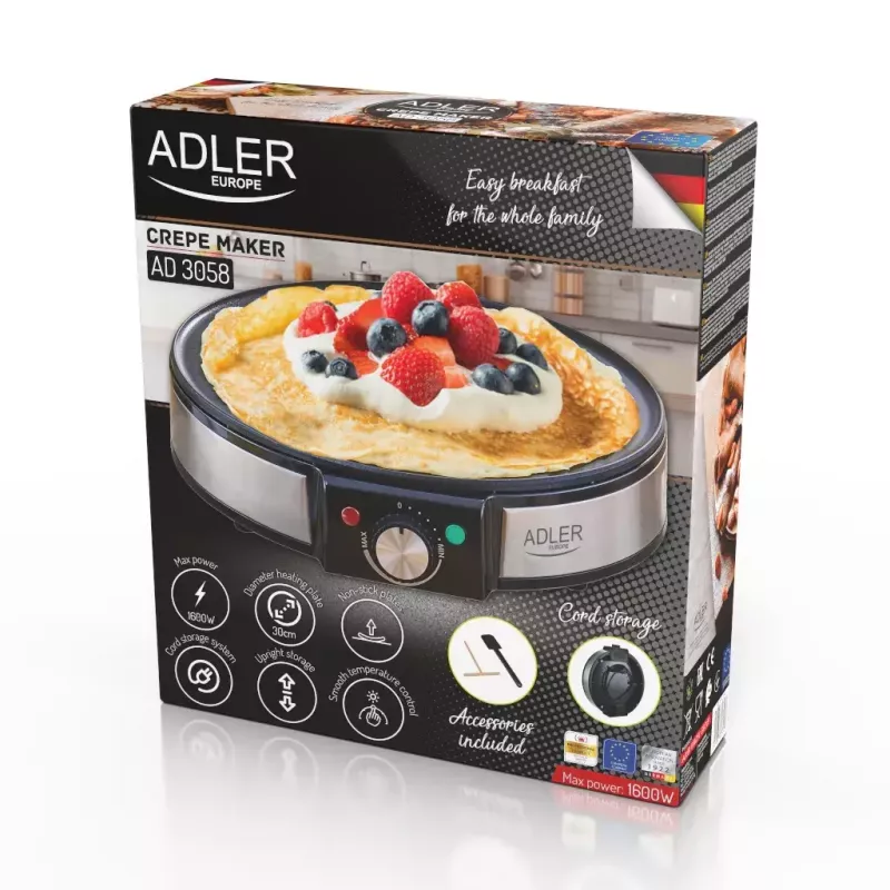 Maszynka do naleśników Adler AD 3058 1600 W Czarna Stal nierdzewna