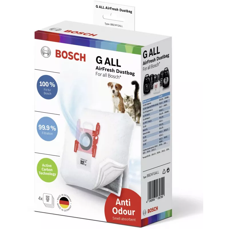 Worek na kurz do odkurzacza cylindrycznego Bosch BBZAFGALL — 4 szt., biały, 240×75×165 mm, 100 g każdy