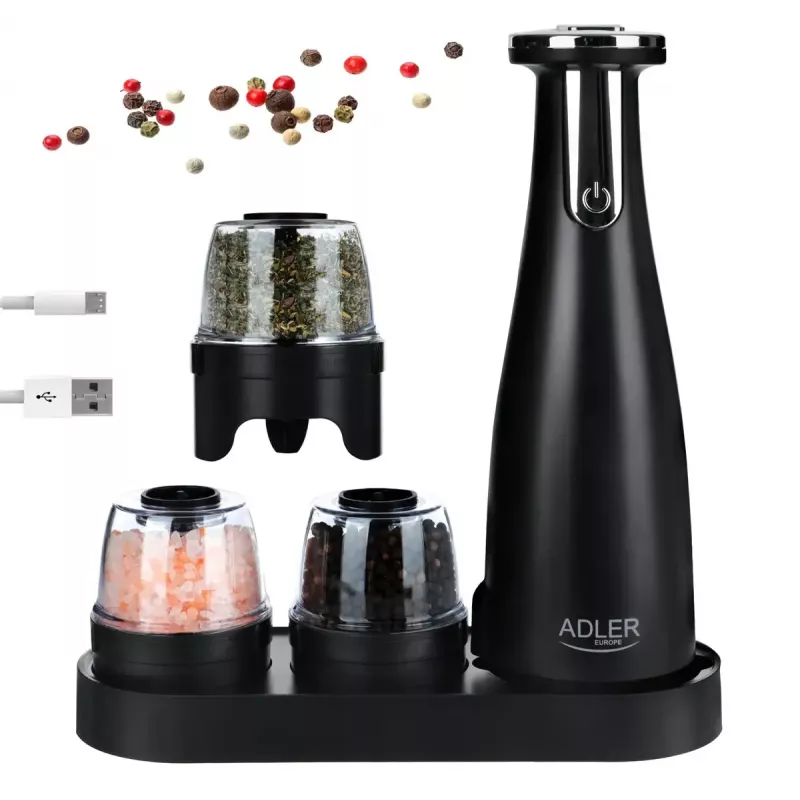 Zestaw młynków do soli i pieprzu Adler AD 4449B — stal nierdzewna/czarny, pojemność 150 ml, bateria litowa, 80×80×263 mm