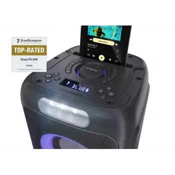 Głośnik imprezowy Sharp PS-949 — 2.1 kanałów, 132 W PMPO, 20,3 cm (8 cali) woofer, Bluetooth A2DP/AVRCP, przewodowy i bezprzewodowy, czarny, obudowa z tworzywa sztucznego