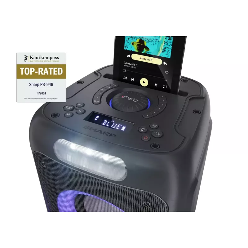 Głośnik imprezowy Sharp PS-949 — 2.1 kanałów, 132 W PMPO, 20,3 cm (8 cali) woofer, Bluetooth A2DP/AVRCP, przewodowy i bezprzewodowy, czarny, obudowa z tworzywa sztucznego