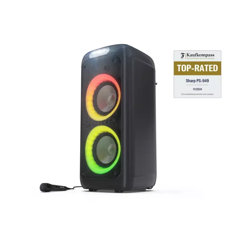 Głośnik imprezowy Sharp PS-949 — 2.1 kanałów, 132 W PMPO, 20,3 cm (8 cali) woofer, Bluetooth A2DP/AVRCP, przewodowy i bezprzewodowy, czarny, obudowa z tworzywa sztucznego