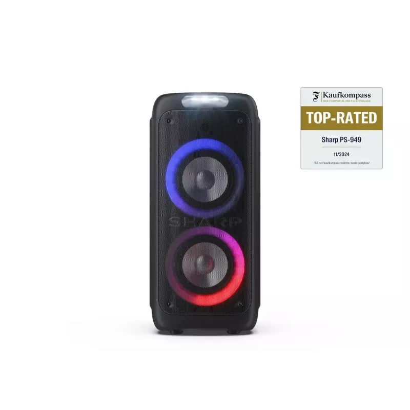 Głośnik imprezowy Sharp PS-949 — 2.1 kanałów, 132 W PMPO, 20,3 cm (8 cali) woofer, Bluetooth A2DP/AVRCP, przewodowy i bezprzewodowy, czarny, obudowa z tworzywa sztucznego