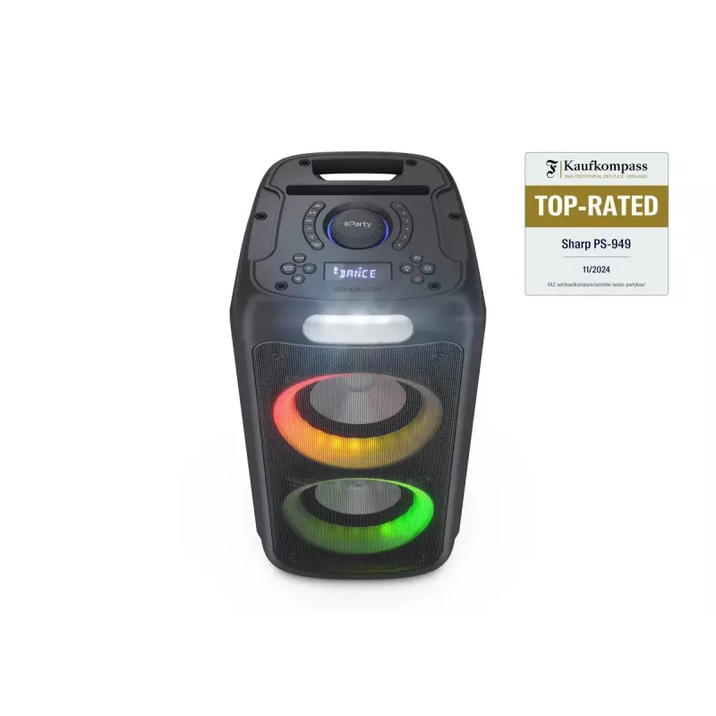 Głośnik imprezowy Sharp PS-949 — 2.1 kanałów, 132 W PMPO, 20,3 cm (8 cali) woofer, Bluetooth A2DP/AVRCP, przewodowy i bezprzewodowy, czarny, obudowa z tworzywa sztucznego