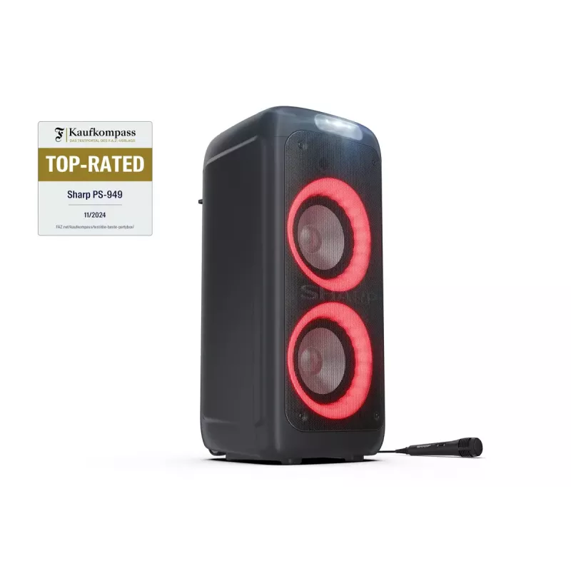Głośnik imprezowy Sharp PS-949 — 2.1 kanałów, 132 W PMPO, 20,3 cm (8 cali) woofer, Bluetooth A2DP/AVRCP, przewodowy i bezprzewodowy, czarny, obudowa z tworzywa sztucznego