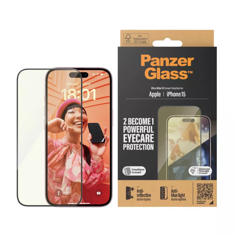PanzerGlass ® EyeCARE™ Ochrona ekranu iPhone 15 | Ultra-Wide Fit z EasyAligner