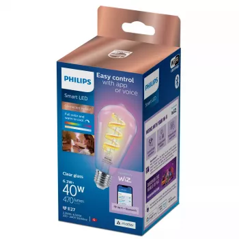 Philips Filament Clear 40 W ST64 E27, Żarówka inteligentna, Wi-Fi/Bluetooth, Przezroczysta, Wi-Fi 4 (802.11n), 802.11b, 802.11g, LED, E27