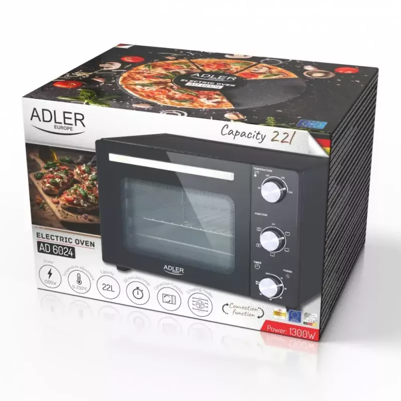 Elektryczny piekarnik stołowy Adler AD 6024 — kompaktowa pojemność 22 l, 1300 W, czarny