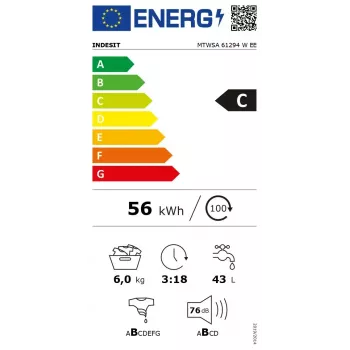 Pralka ładowana od przodu INDESIT MTWSA 61294 W EE, 6 kg, silnik inwerterowy, klasa energetyczna C