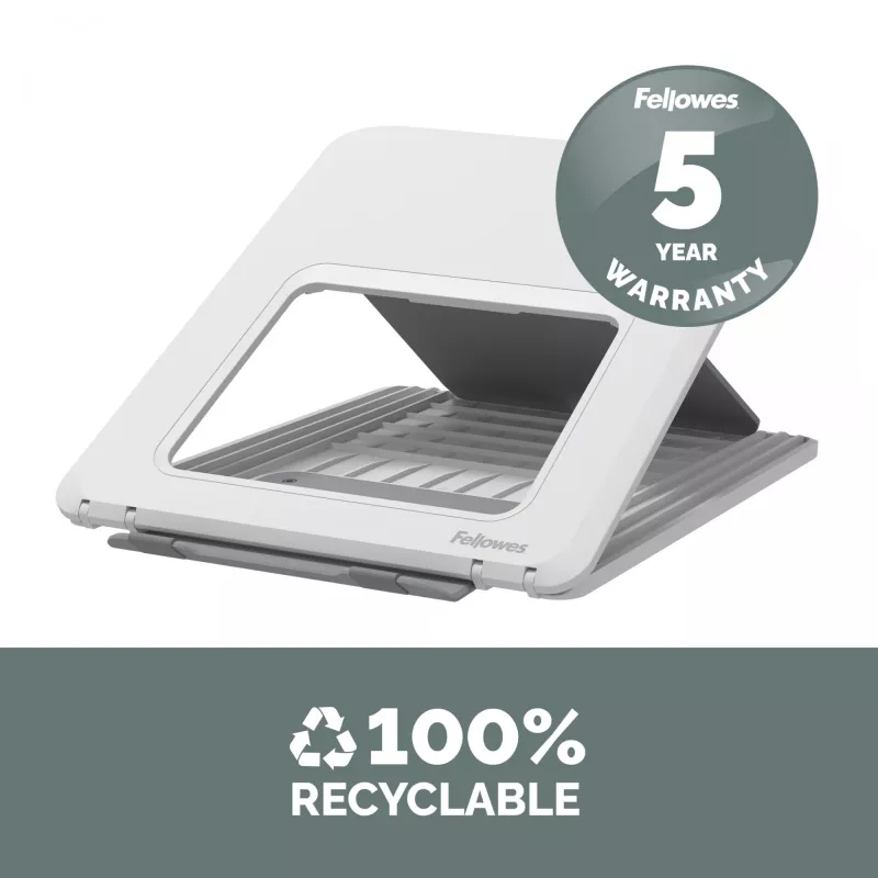 Stojak pod laptopa Fellowes Breyta – Regulowana podkładka pod laptopa do domu i biura – Przenośny stojak z 12-stopniową regulacją wysokości – Maks. rozmiar laptopa 14 cali, maks. waga 4 kg – Biały
