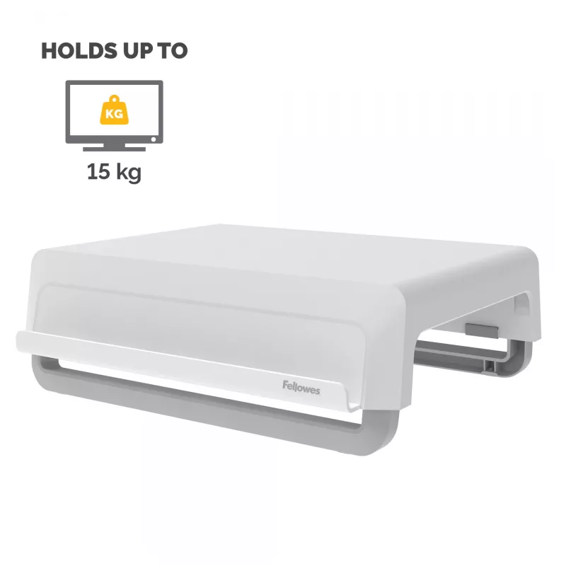 Podstawka pod monitor Fellowes z 3-stopniową regulacją wysokości - Breyta podstawa pod monitor z zarządzaniem kablami - ergonomiczna regulowana podstawka pod monitor do komputerów - maks. waga 15 kg - biała