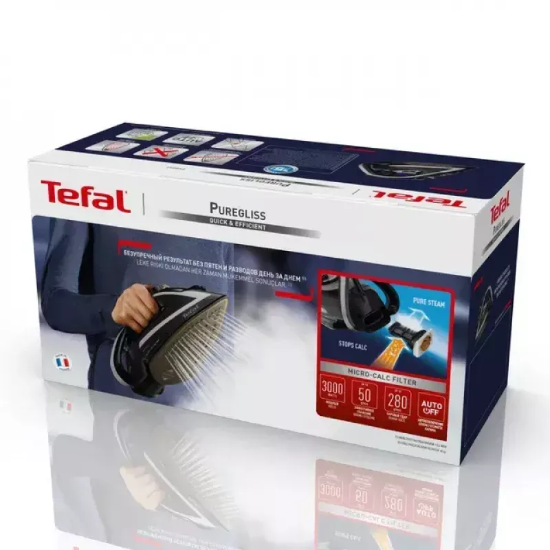 Tefal Puregliss FV8062E0 żelazko suche i parowe, stopa Durilium AirGlide Autoclean, 3000 W, czarno-szare