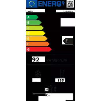 Wbudowana lodówka CANDY CMLS68EW — 135 L netto, chłodzenie statyczne, sterowanie obrotowe, drzwi prawe, 39 dB, klasa energetyczna E