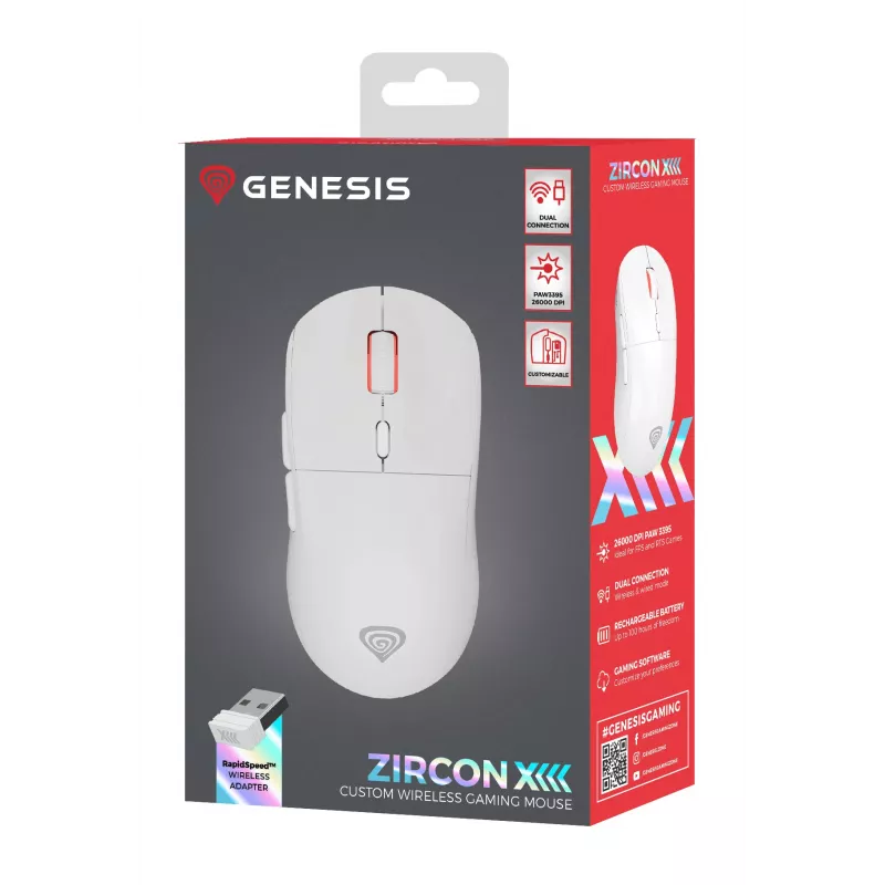 Mysz gamingowa GENESIS Zircon XIII, ambidekstralna, RF Wireless + USB Type-C, optyczna, 26000 DPI