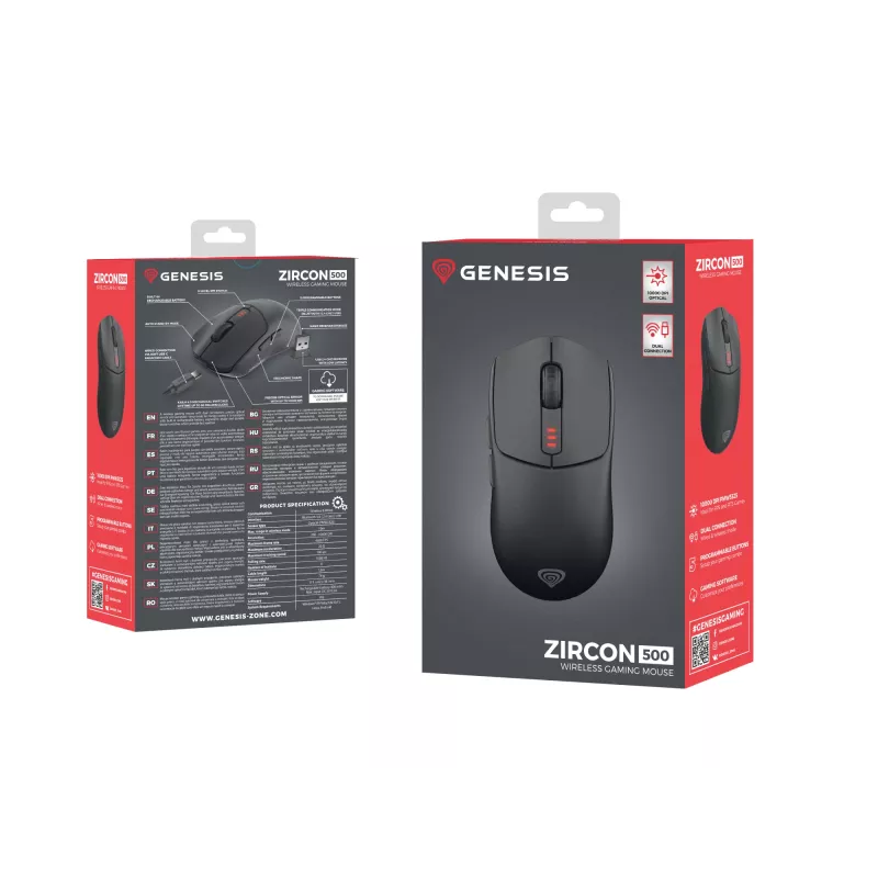 Mysz gamingowa GENESIS Zircon 500, praworęczna, RF Wireless + Bluetooth + USB Type-C, optyczna, 10000 DPI