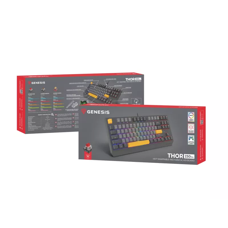Klawiatura gamingowa GENESIS Thor 230 TKL USB + RF Wireless + Bluetooth QWERTY Czarny, Szary, Pomarańczowy