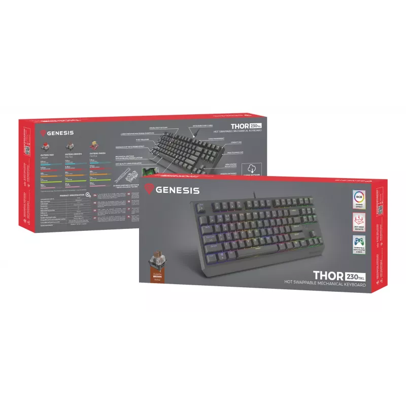 Mechaniczna klawiatura gamingowa Genesis Thor 230 TKL — Tenkeyless, US QWERTY, przełączniki Outemu Brown, RGB, 1000 Hz, USB