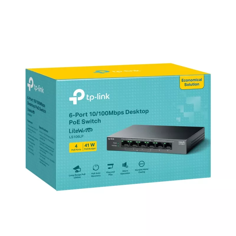Przełącznik sieciowy TP-Link LiteWave LS106LP Niezarządzalny Fast Ethernet (10/100) Power over Ethernet (PoE) Czarny